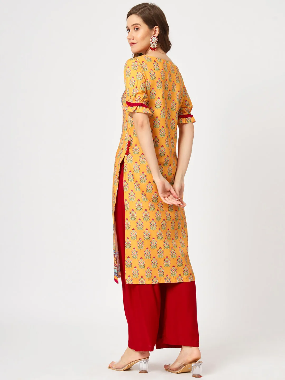 Wedding Inspired Digital Printed Kurta With Laced V-Neckline