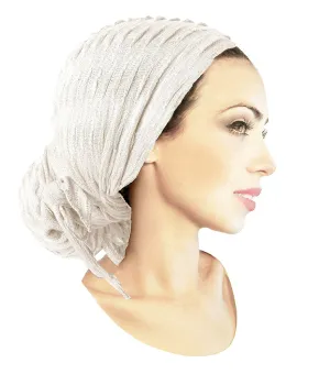 White Boho Chic Pre-tied Head-Scarf Tichel Sparkly Breathable Knit Collection! ShariRose (Off-white sparkle long - 409)