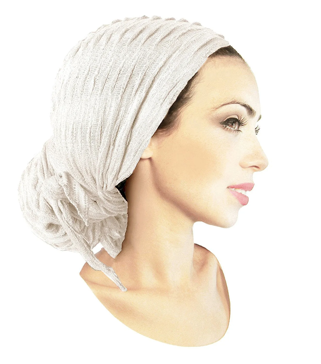 White Boho Chic Pre-tied Head-Scarf Tichel Sparkly Breathable Knit Collection! ShariRose (Off-white sparkle long - 409)